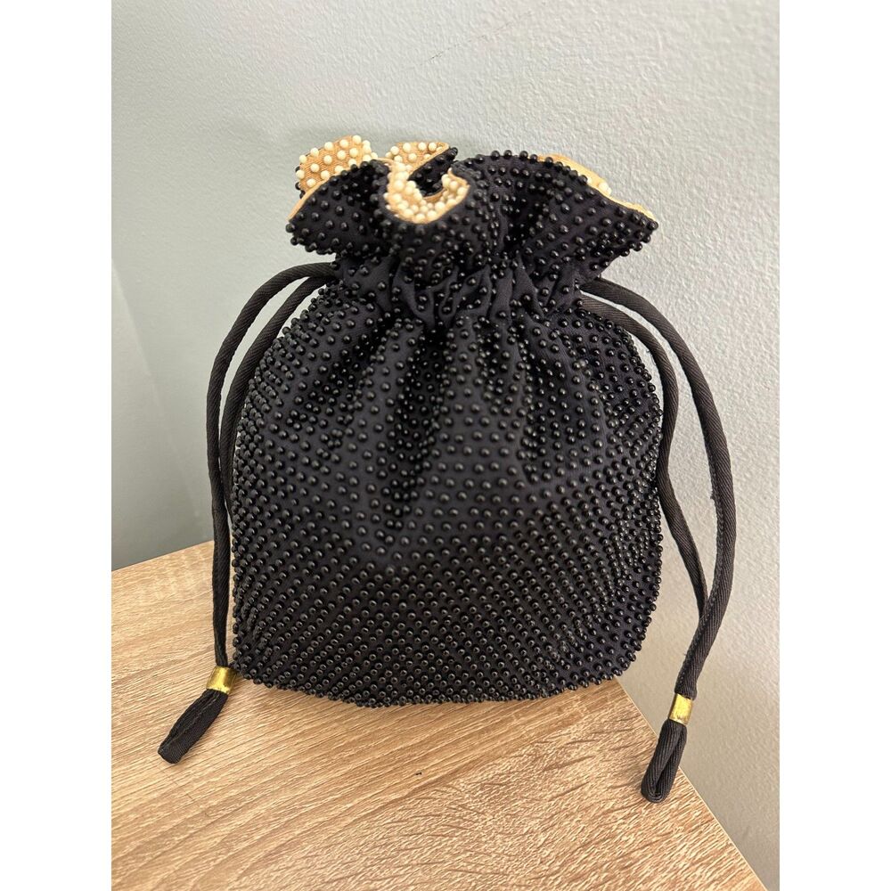 Vintage 1950s Black Ivory Reversible Beaded Purse Small Drawstring Bag Clutch